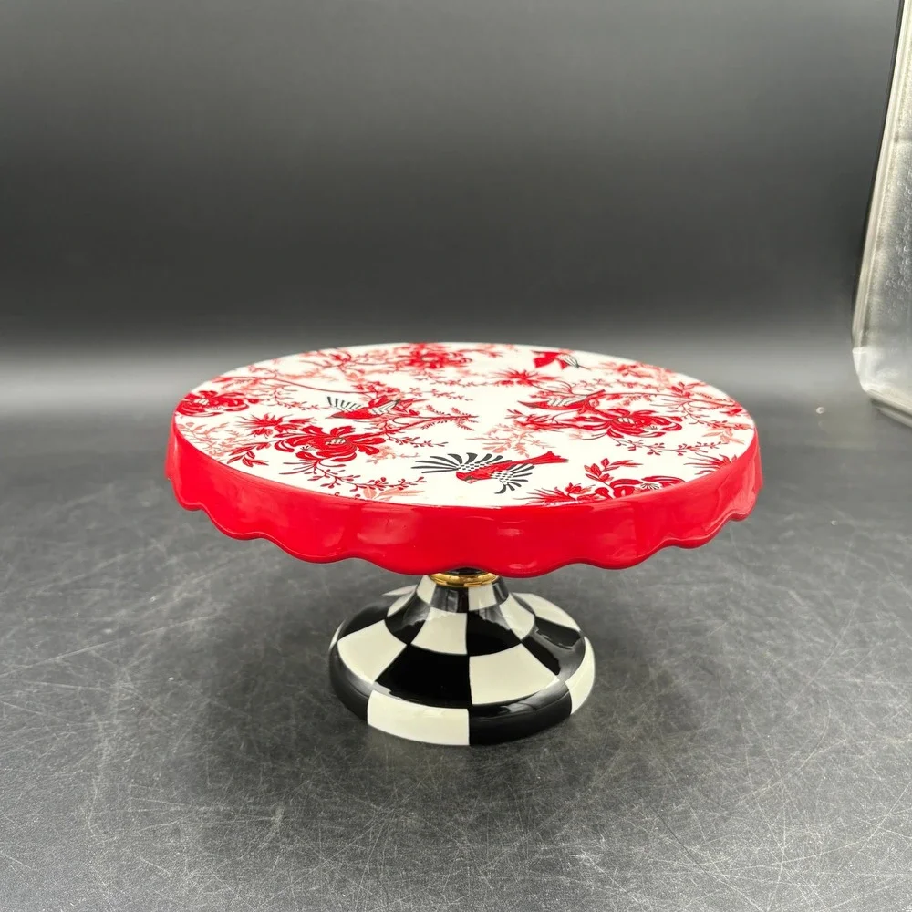 MacKenzie-Childs Cardinal Floral Cake Stand Courtly Check Base Red White Black